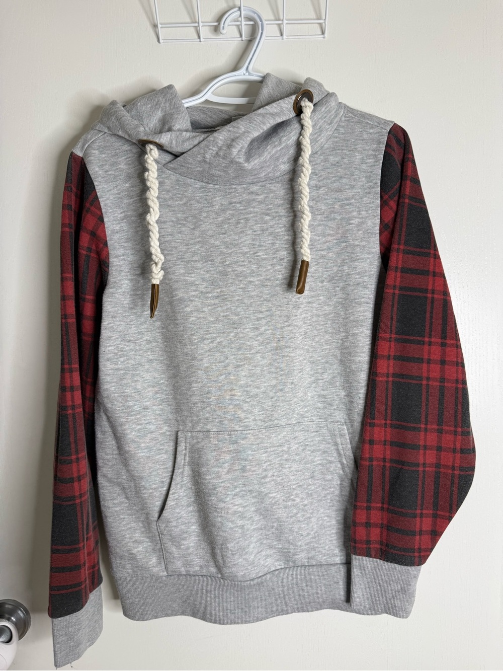 Warehouse One Casual Grey Hoodie with Red Plaid Sleeves - Womens Medium